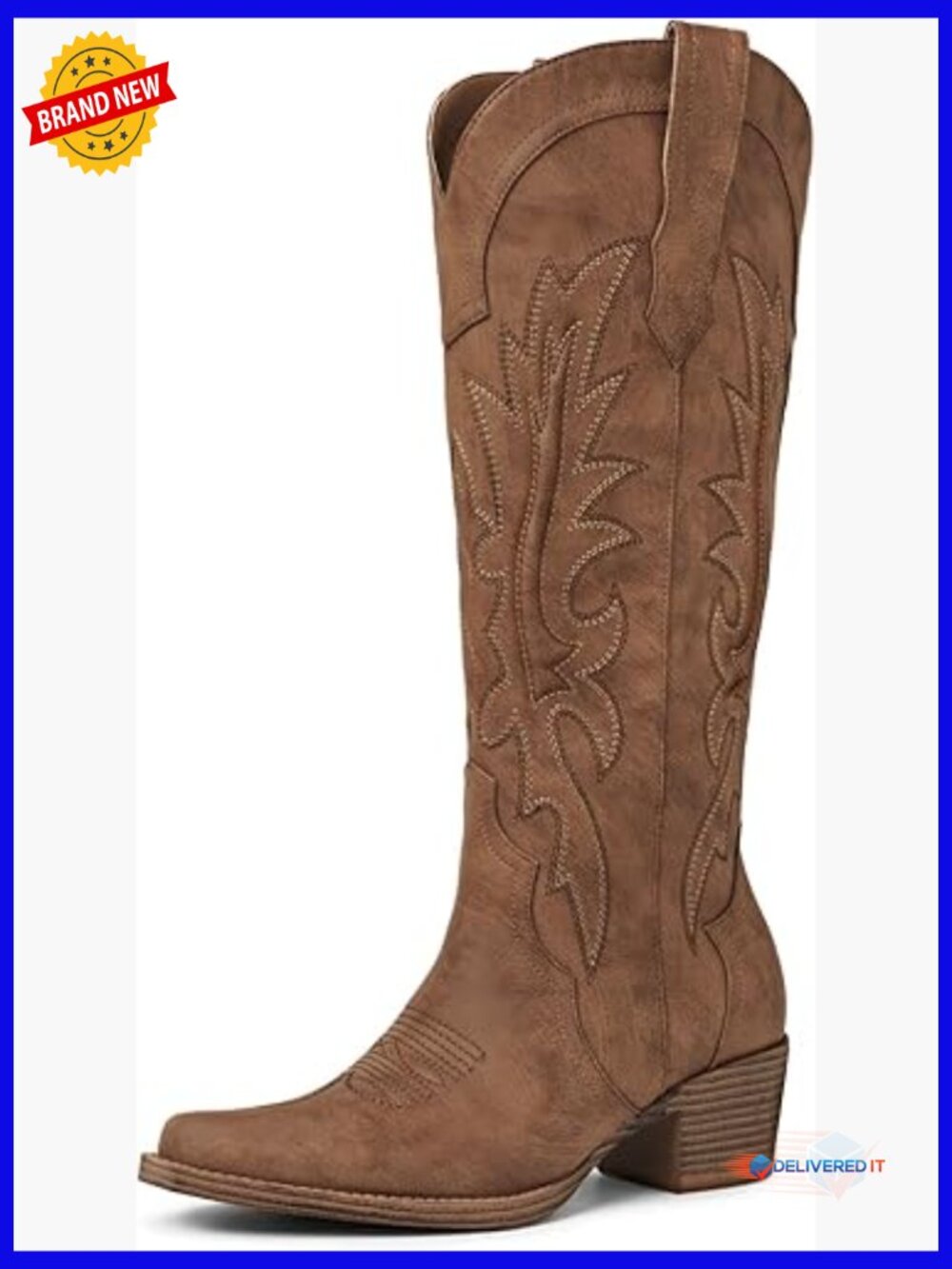 Knee High Cowboy Boots Pointed Toe Embroidered Chunky Heel Western Cowgirl